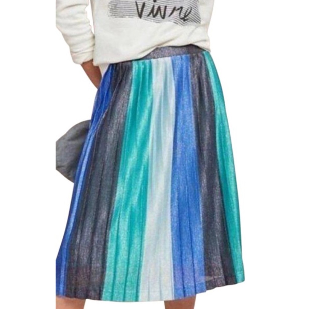 MAEVE Anthro $148 Blue Silver Sunburst Maeve Stripe Pleated Swing Skirt XXS P